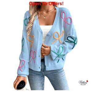 Button Down Cable Knit Cardigan Bow Embroidery Chunky Fall Sweater
